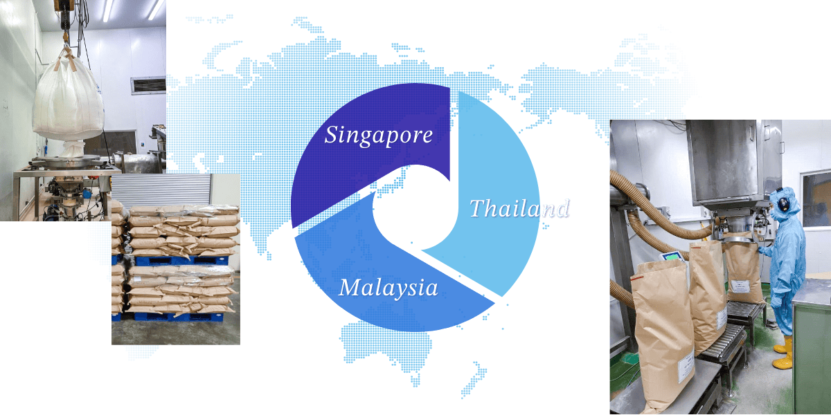 イメージ図：東南アジアを中心とした世界地図の中央に、「Singapore」「Thailand」「Malaysia」の文字が円を描くように配置されている。